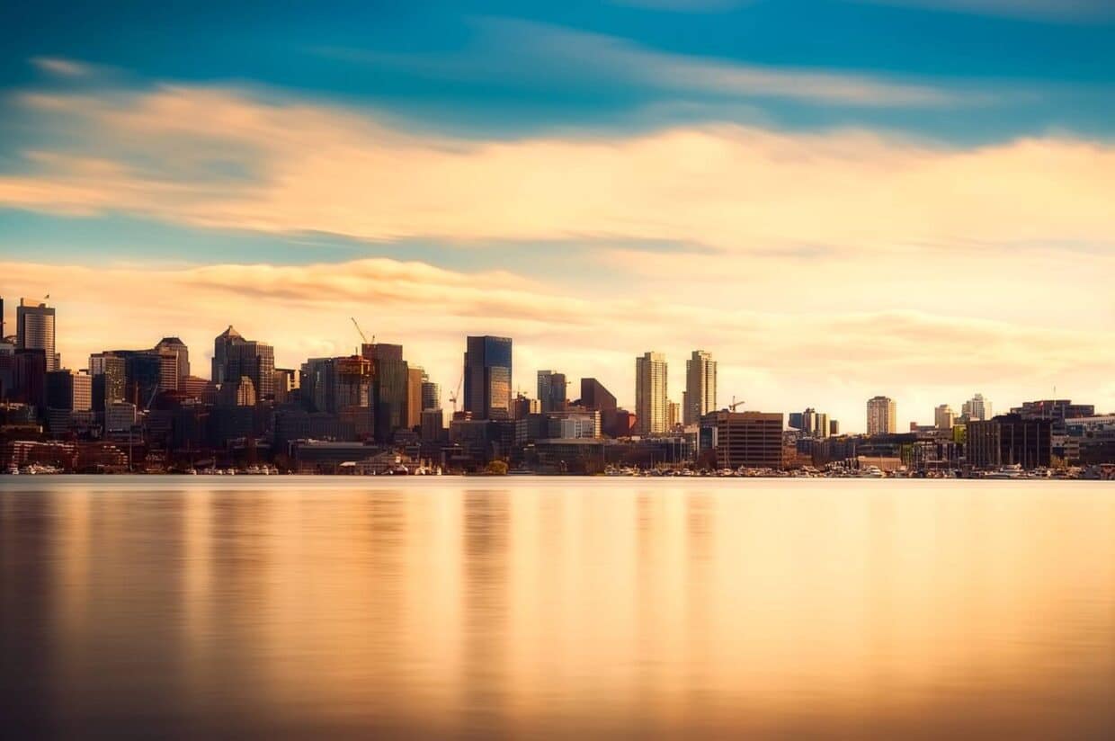 Early morning Seattle with an orange-lit bay and skyline showing the buildings of downtown Seattle including the iconic Space Needle in front of a partly cloudy blue sky.
