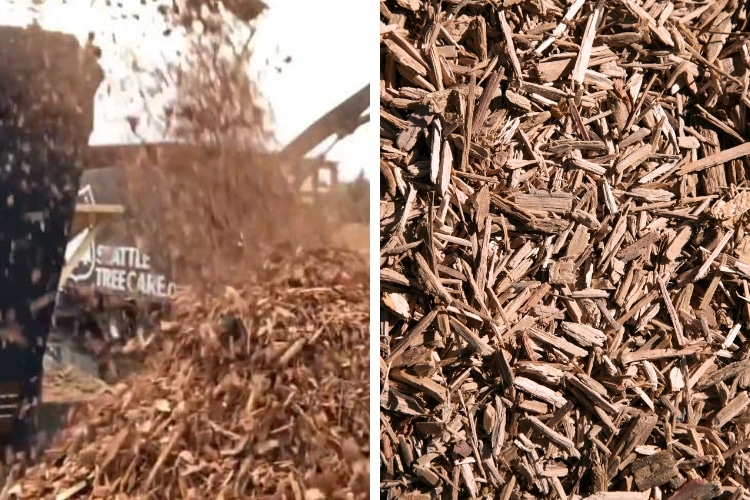 left photo: a pile of mulch coming out of a chipper; left photo is a close up image of the wood chips