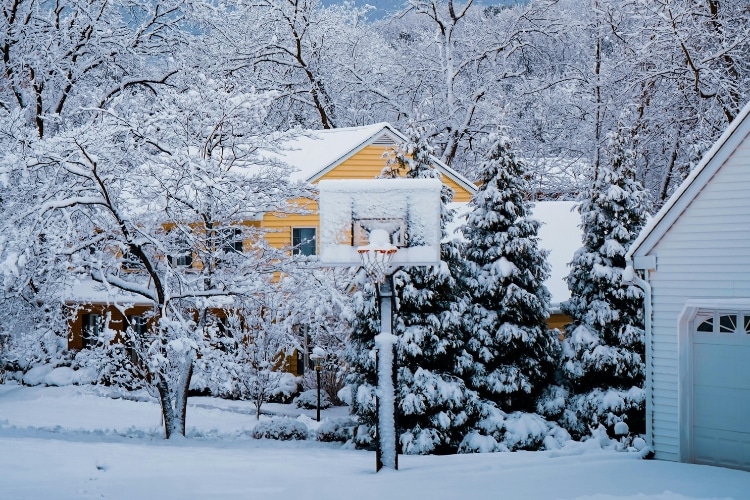 A basketball court in a neighborhood covered in snow during a winter storm