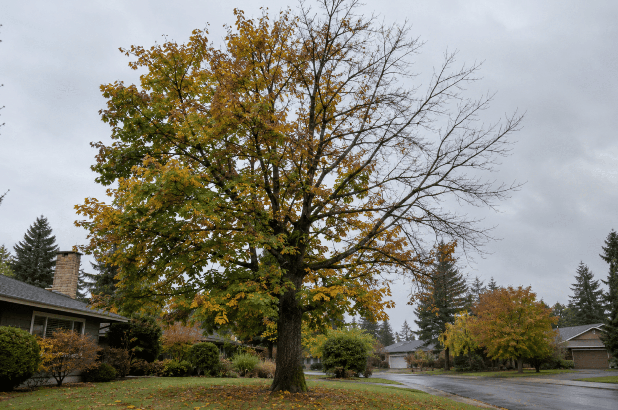 Deciduous tree with a thinning canopy and early fall color in a Seattle neighborhood
